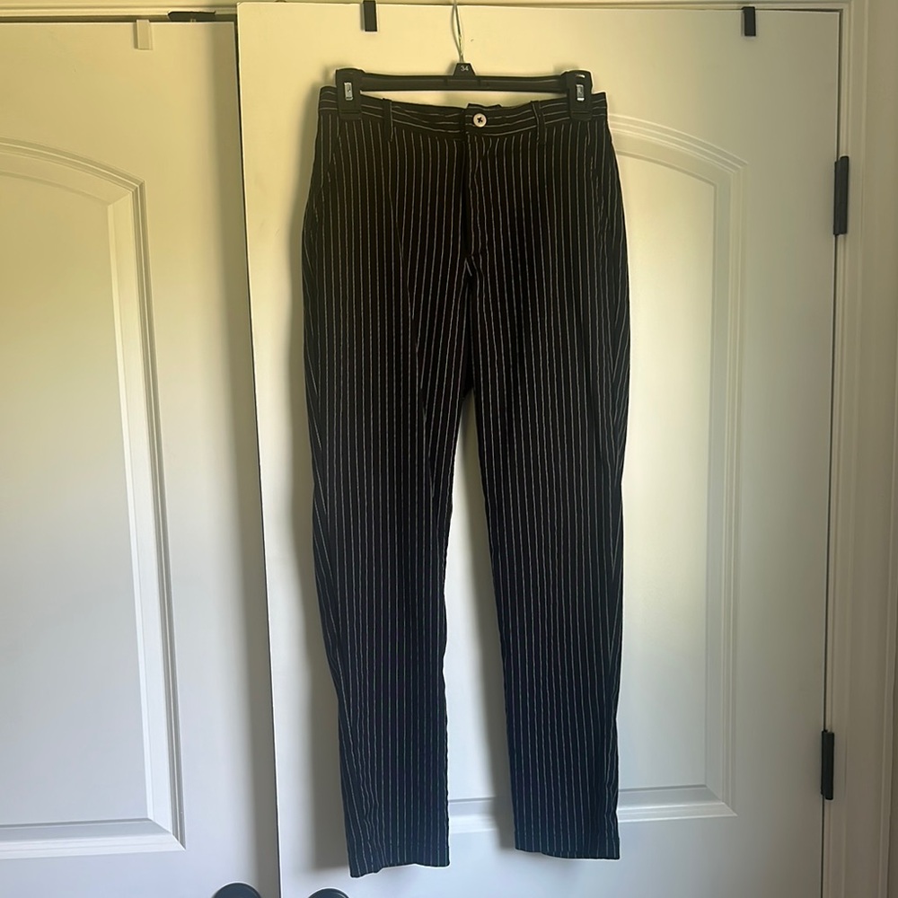 White and Navy Straight Leg Pants with Classic Pinstripes